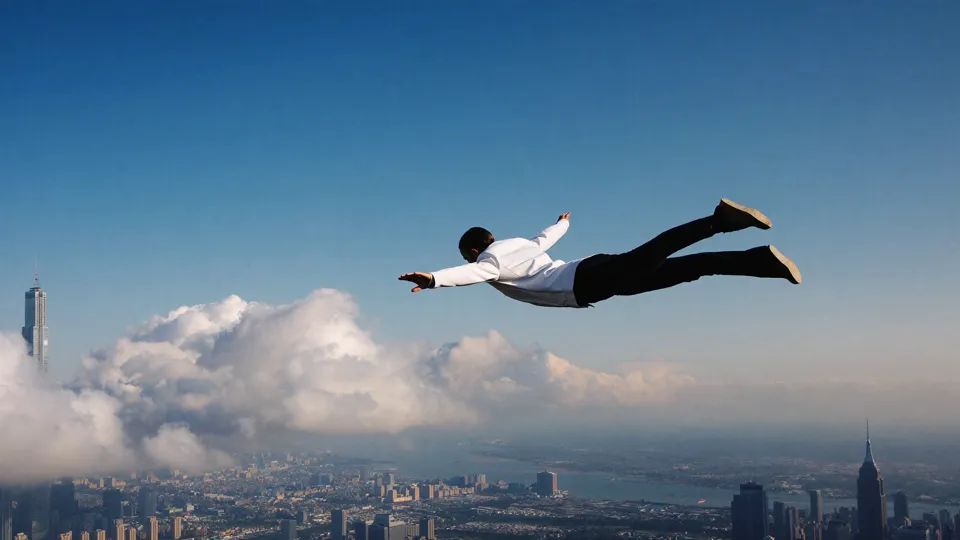 An AI-generated adult in a white jacket in freefall above a city